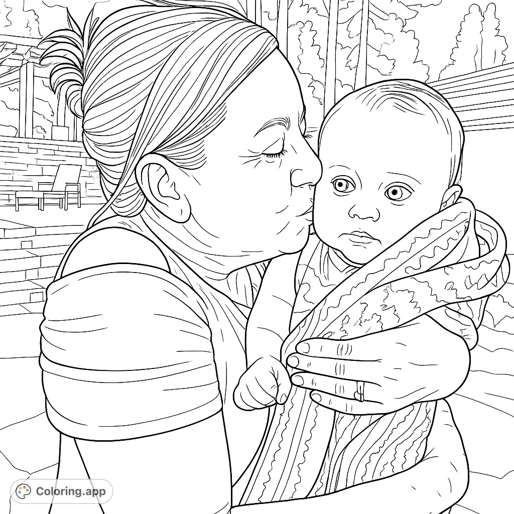 A heartwarming family moment featuring an adult tenderly kissing a baby wrapped in a patterned towel, set in a peaceful outdoor scene.