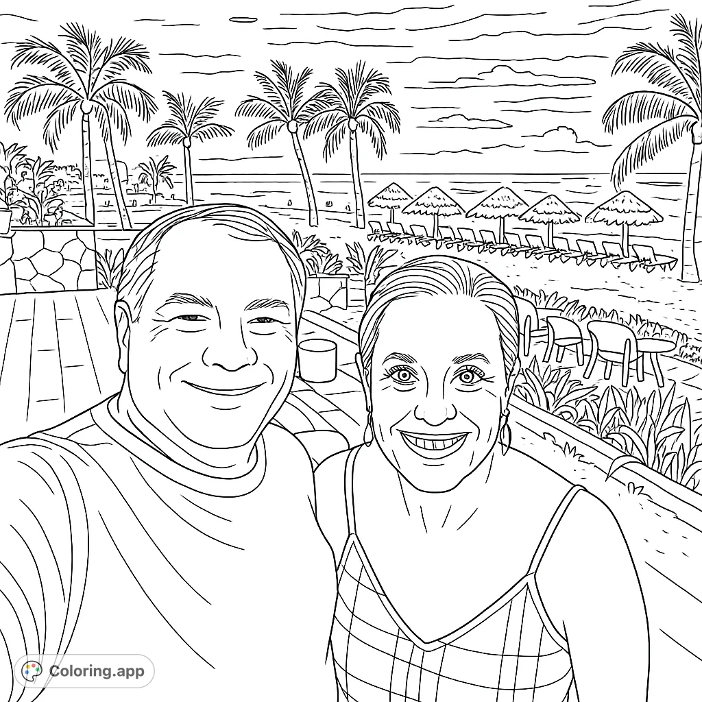 Capture a serene tropical resort scene with a smiling couple, palm trees, and beach umbrellas. A perfect escape for your creativity.