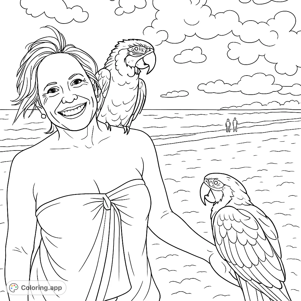 Experience a tropical paradise with this exotic parrots coloring page. A smiling woman interacts with two majestic birds on a sunny beach, perfect for all ages.