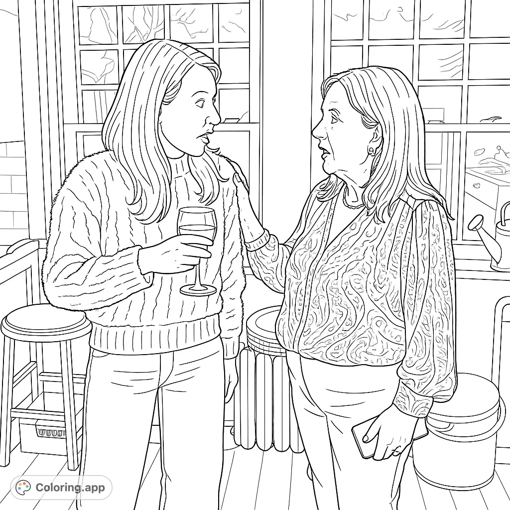 Two women engaged in a lively conversation, surrounded by cozy home details. A perfect scene for a relaxing coloring experience.
