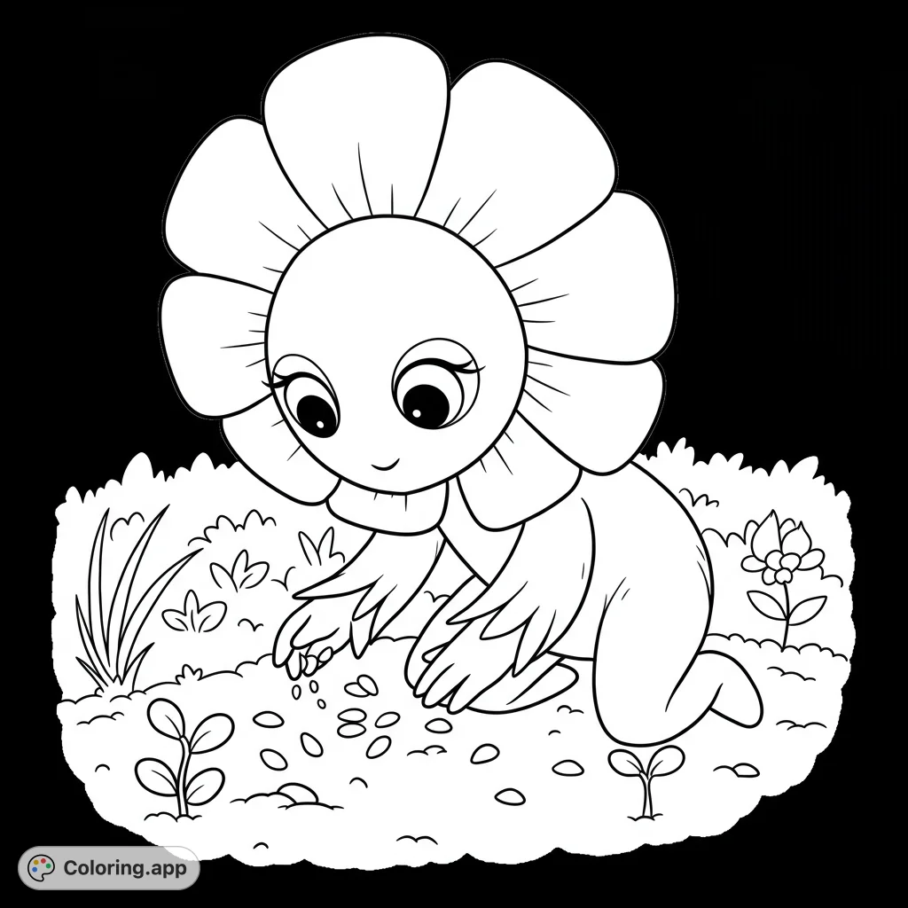 A cheerful googly-eyed buttercup flower character plants seeds in a whimsical garden, ready for a burst of creativity and fun.