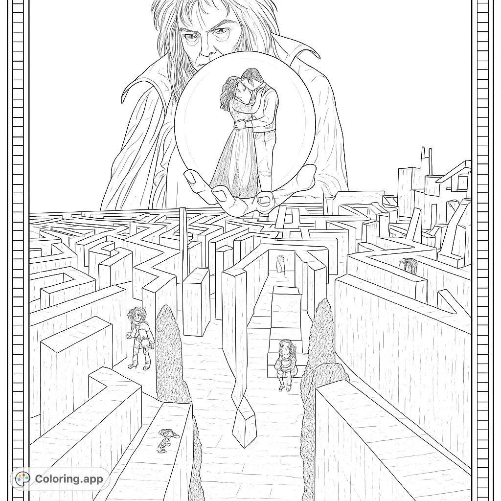 Enter a fantastical maze where a powerful figure holds a magical sphere containing an embracing couple, while whimsical creatures navigate the intricate pathways below.