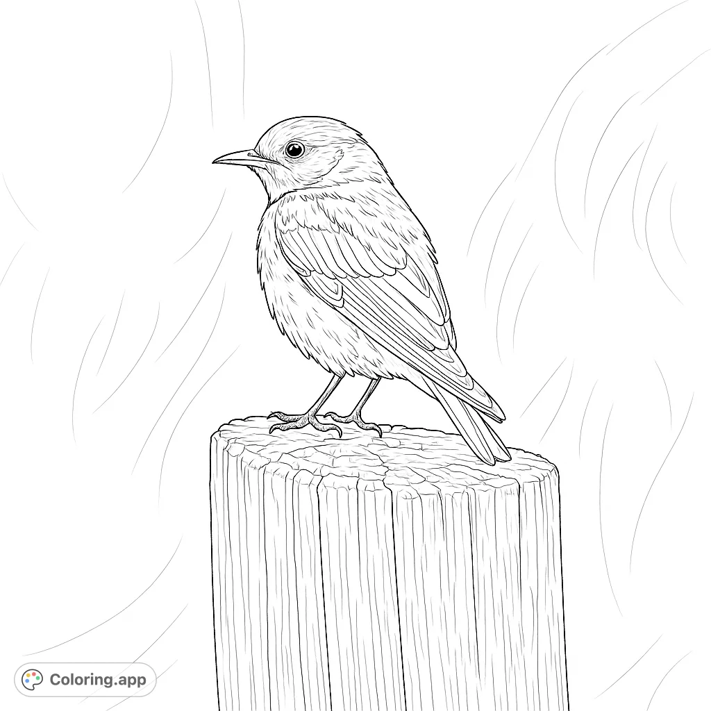 A beautiful bird rests on a weathered wooden post, inviting you to add your creative touch to its detailed feathers and the rustic texture of its perch.