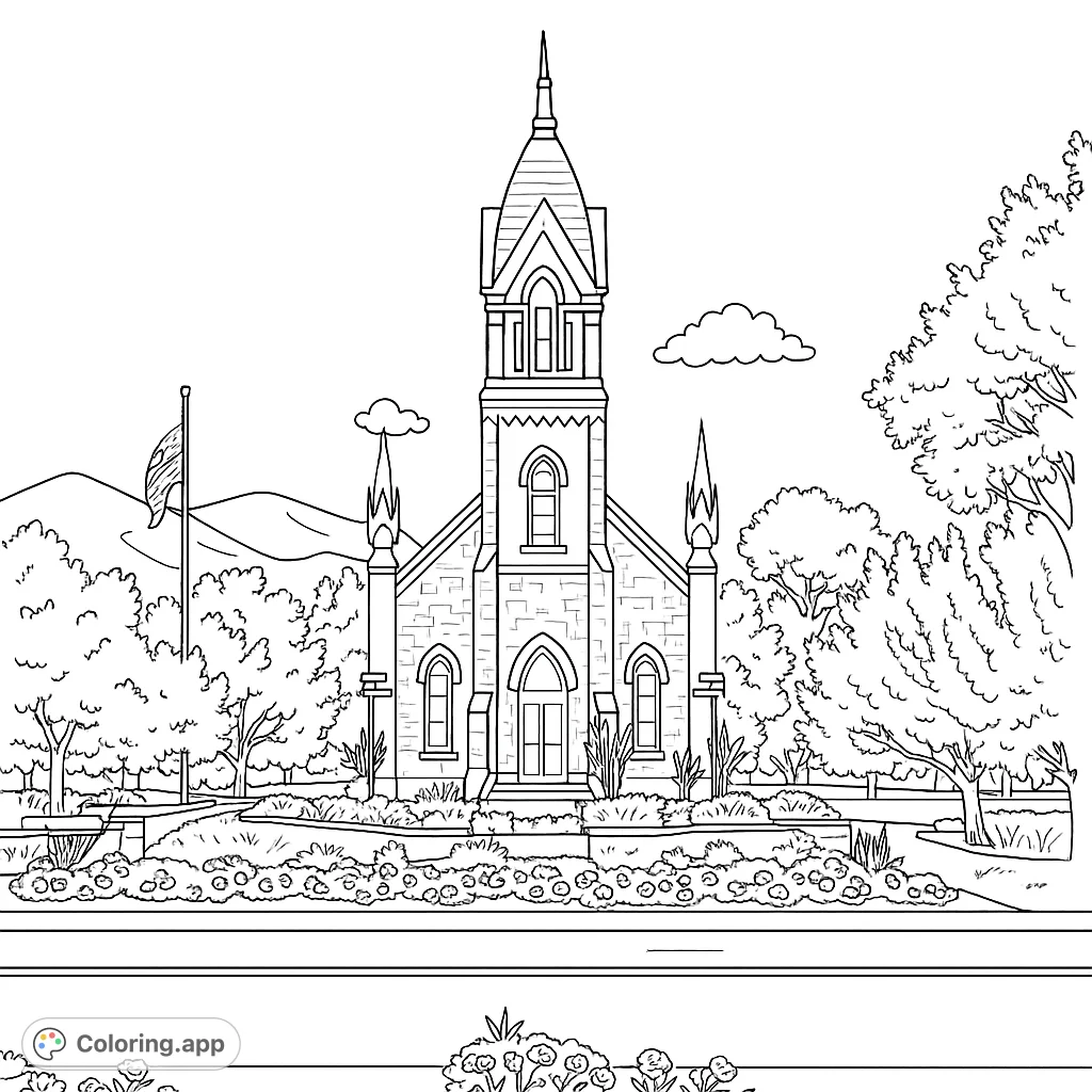 A detailed coloring page featuring a majestic temple with intricate architecture, surrounded by lush gardens, trees, and distant mountains.