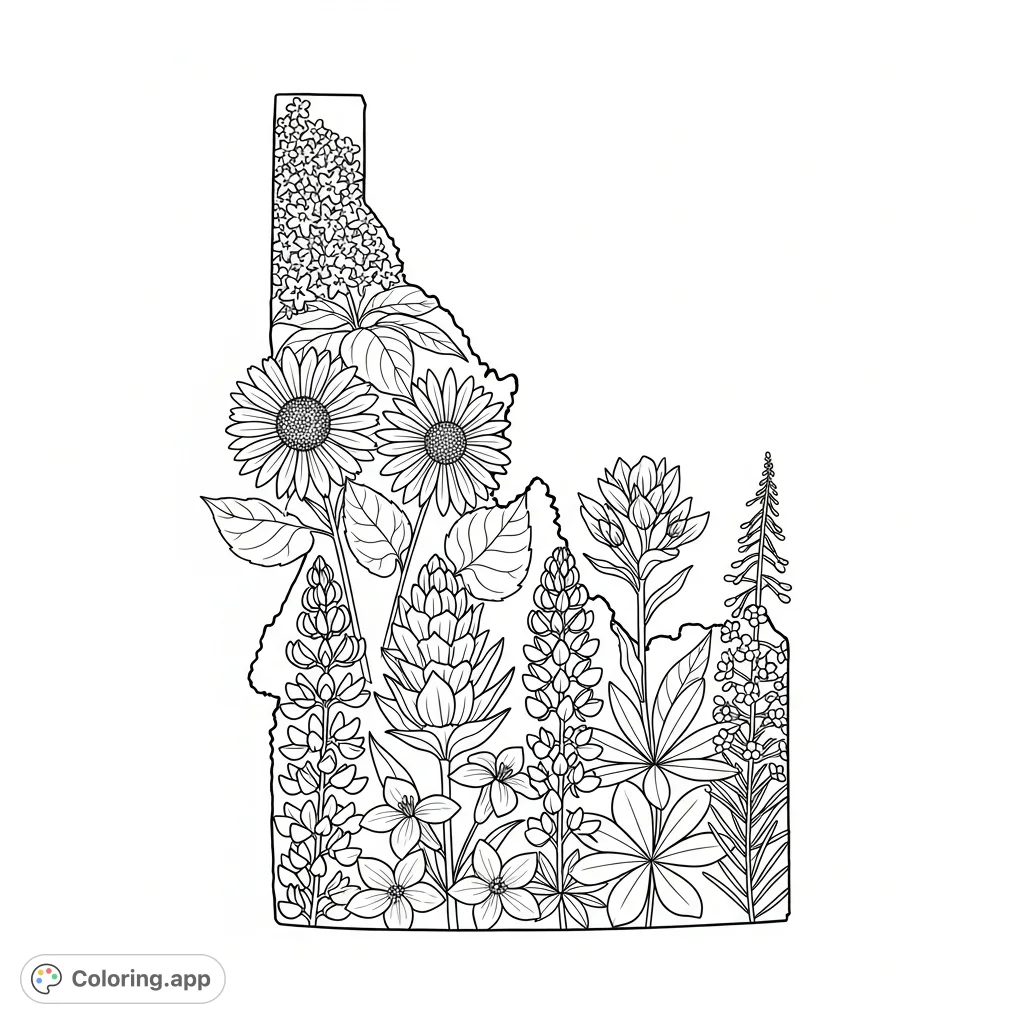 Explore Idaho's beauty with this intricate coloring page, featuring the state outline filled with detailed native wildflowers like Syringa, Lupine, and Camas.