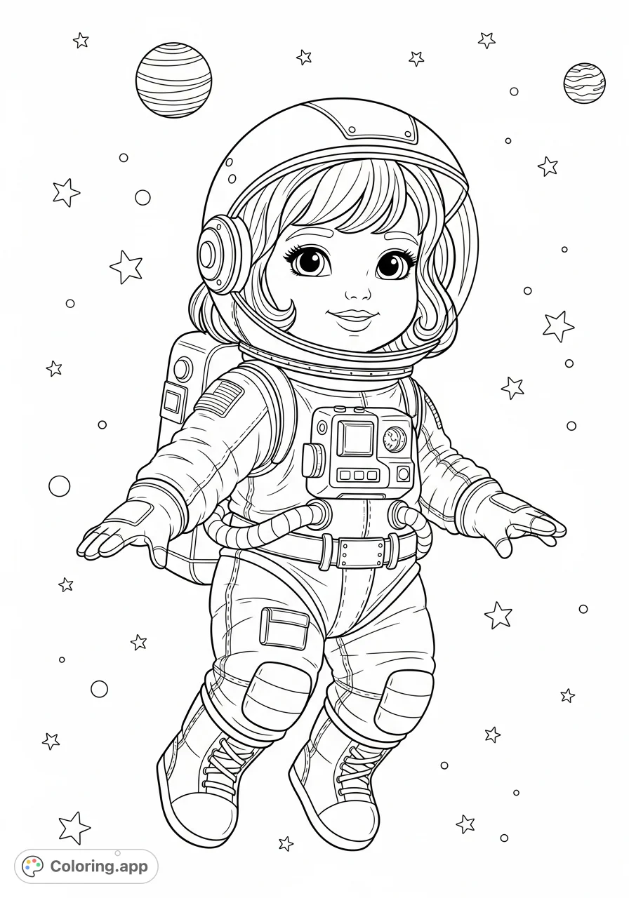 A delightful Astronaut Barbie coloring page featuring a 4-year-old girl with a sweet smile and big eyes, dressed in a detailed space suit, floating among stars.