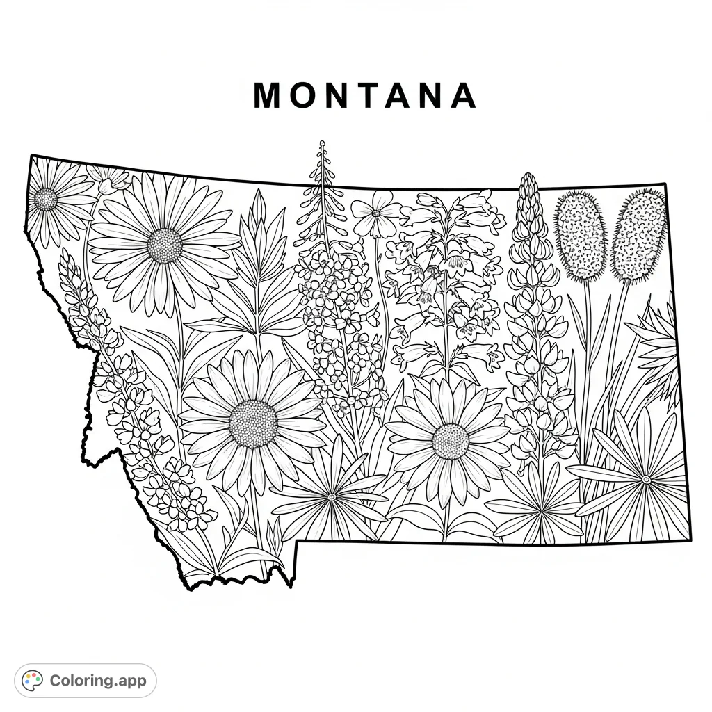 A unique Montana coloring page showcasing a bold state outline filled with beautifully detailed native wildflowers like Bitterroot and Lupine. Perfect for nature lovers.