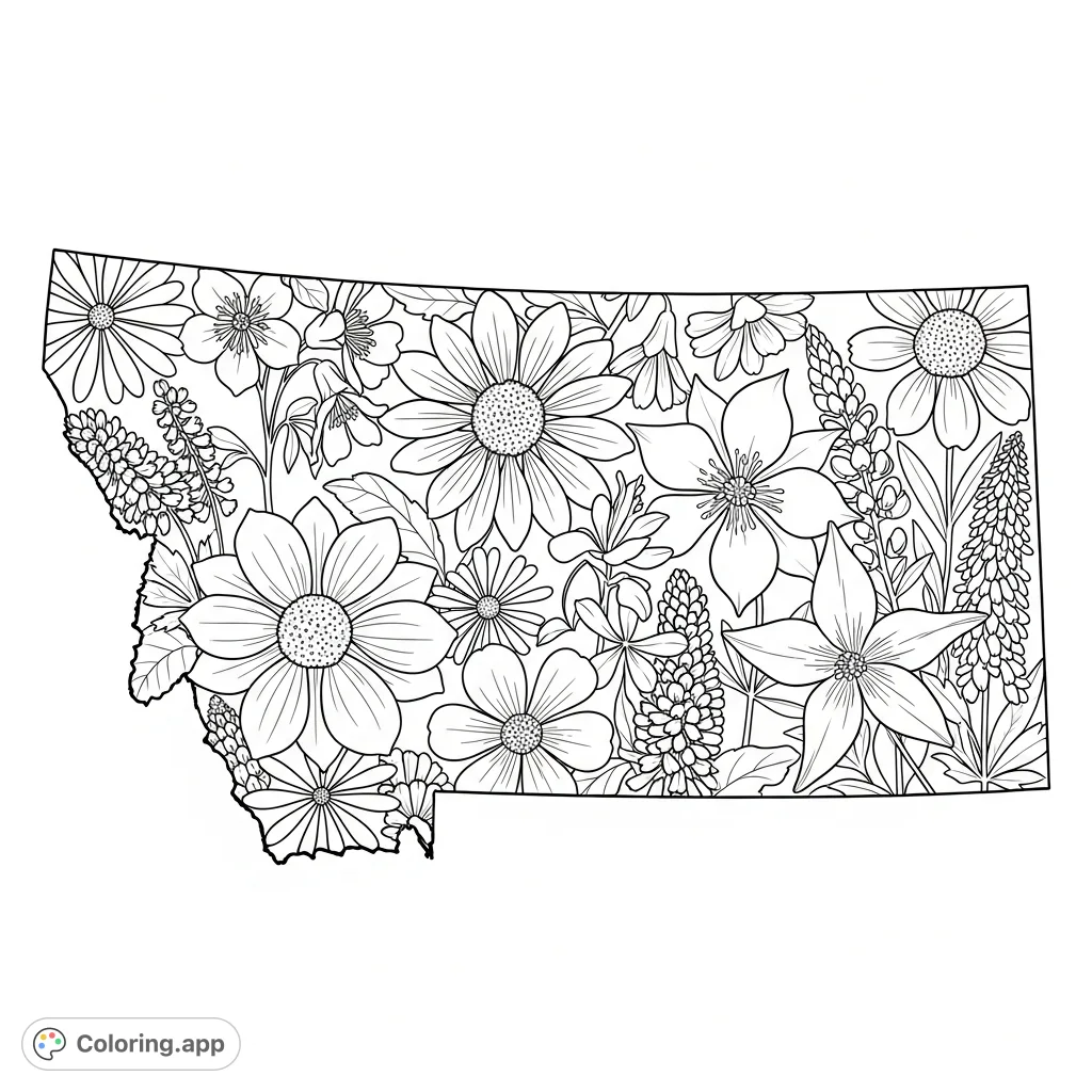 Discover a free printable Montana coloring page filled with intricate native wildflowers like Bitterroot, Lupine, and Columbine, perfect for detailed coloring.