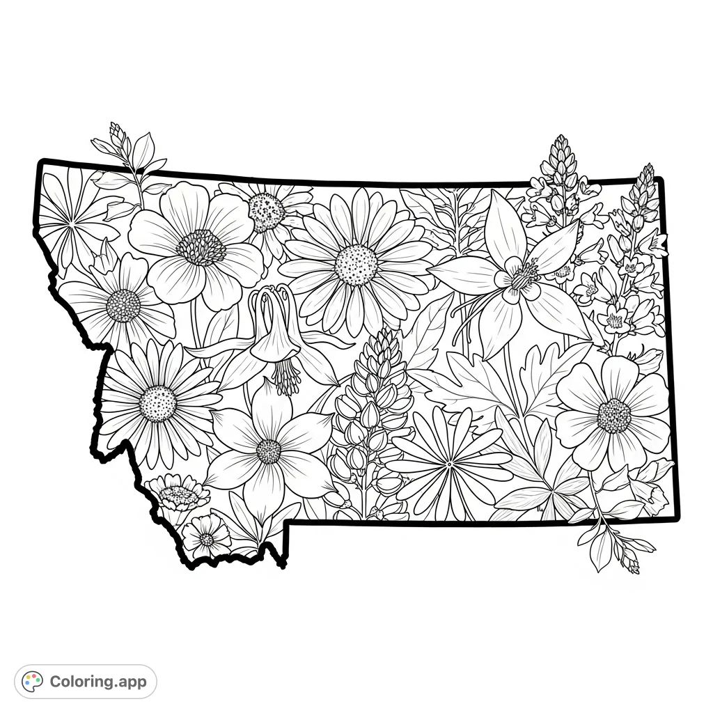 An intricate Montana coloring page featuring the state outline filled with overlapping native wildflowers like Bitterroot, Lupine, and Penstemon.