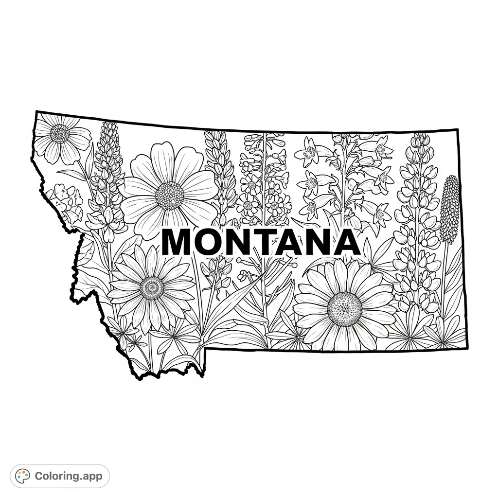 Discover a unique Montana wildflower coloring page. A detailed outline of the state is brimming with native blooms, offering intricate botanical beauty.