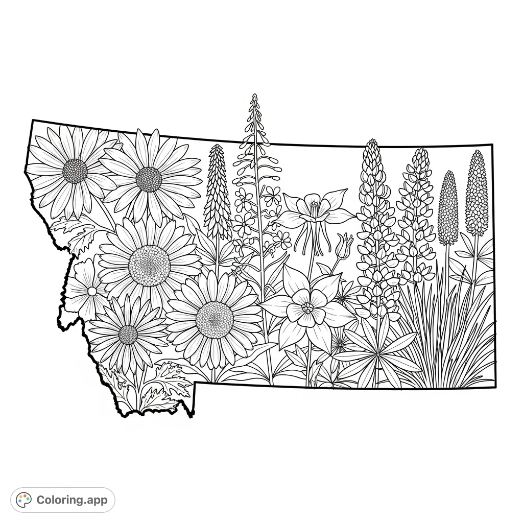 Explore a free printable Montana wildflower coloring page. This intricate design features native blooms like Bitterroot, Fireweed, and Lupine, all within the state's outline.