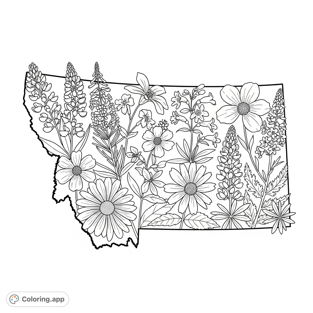 Explore Montana's beauty with a detailed outline filled with native wildflowers like Bitterroot and Lupine, offering a rich coloring experience.