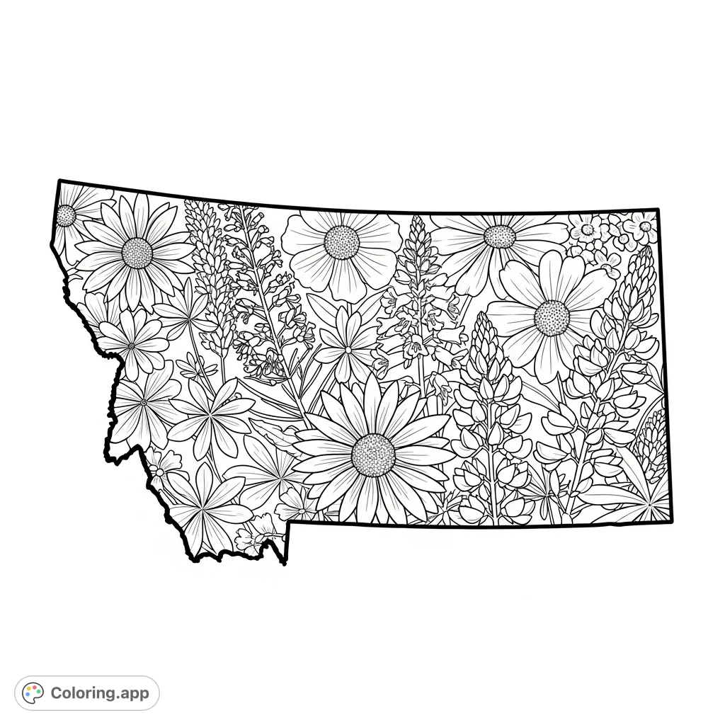 Immerse yourself in Montana's natural beauty! A detailed outline of the state is filled with native wildflowers like Bitterroot and Lupine, perfect for intricate coloring.
