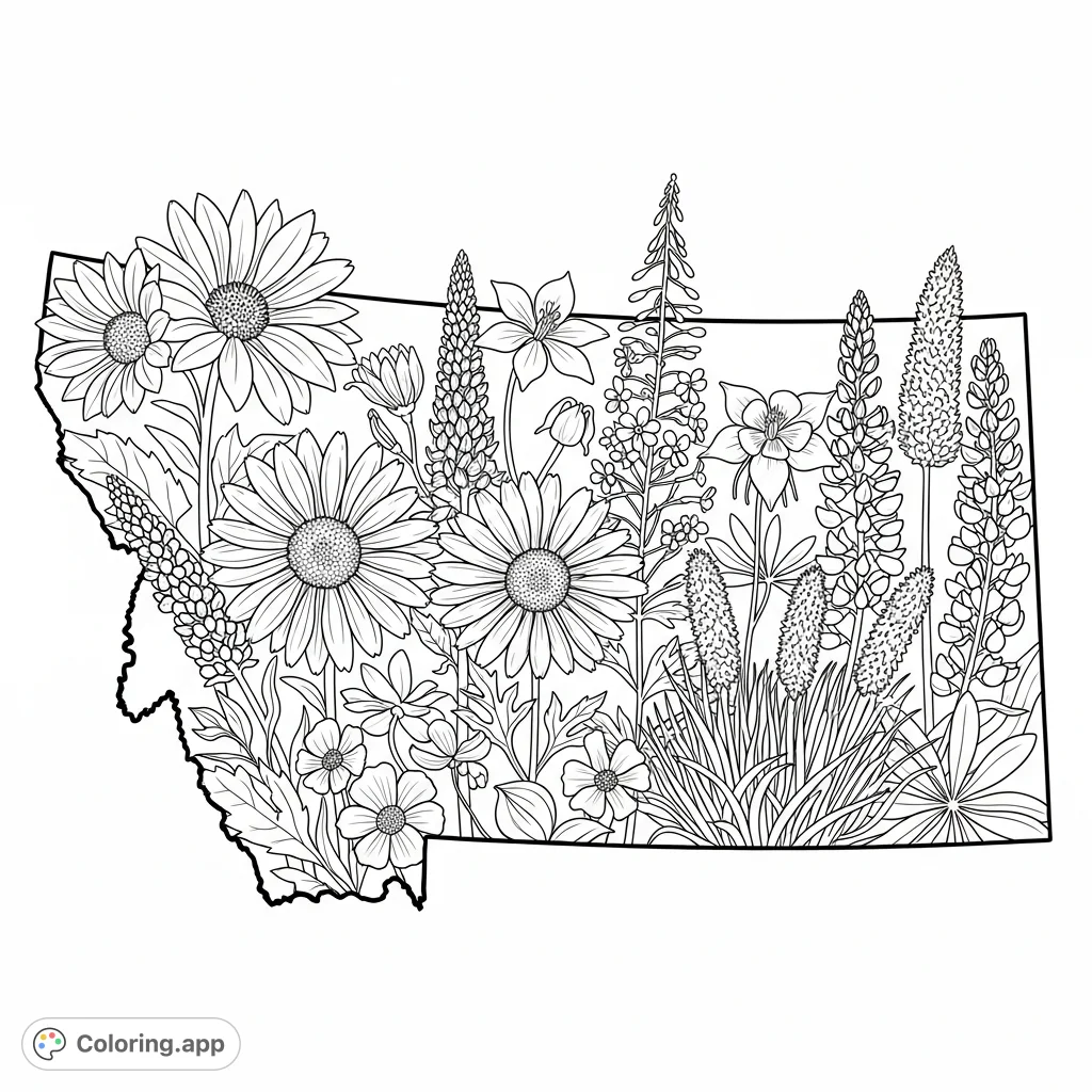 Discover the beauty of Montana's native wildflowers filling the state outline. An intricate coloring page featuring Bitterroot, Lupine, Fireweed, and more.