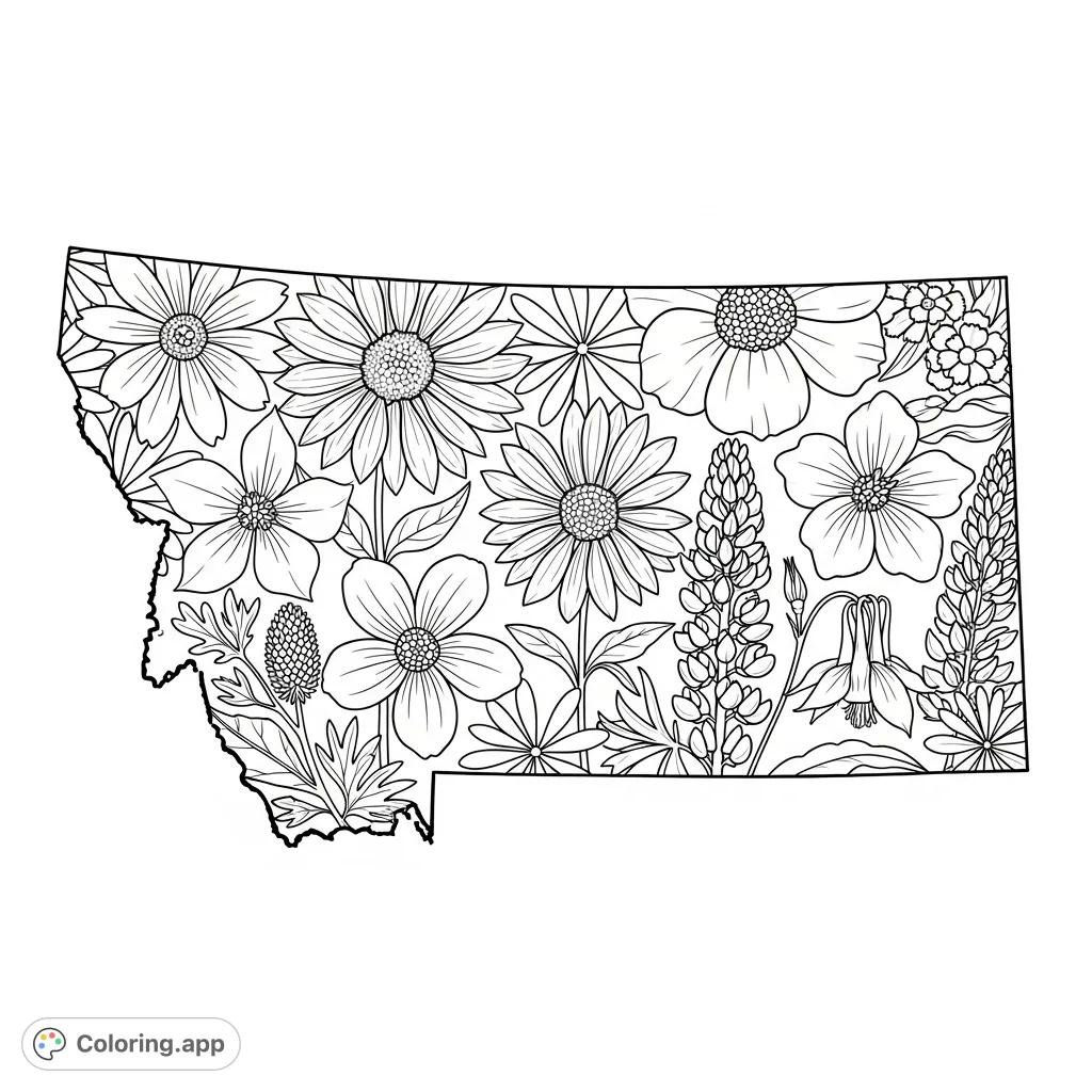 Explore Montana's natural beauty! A detailed coloring page featuring a bold state outline filled with overlapping native wildflowers like Bitterroot and Lupine.