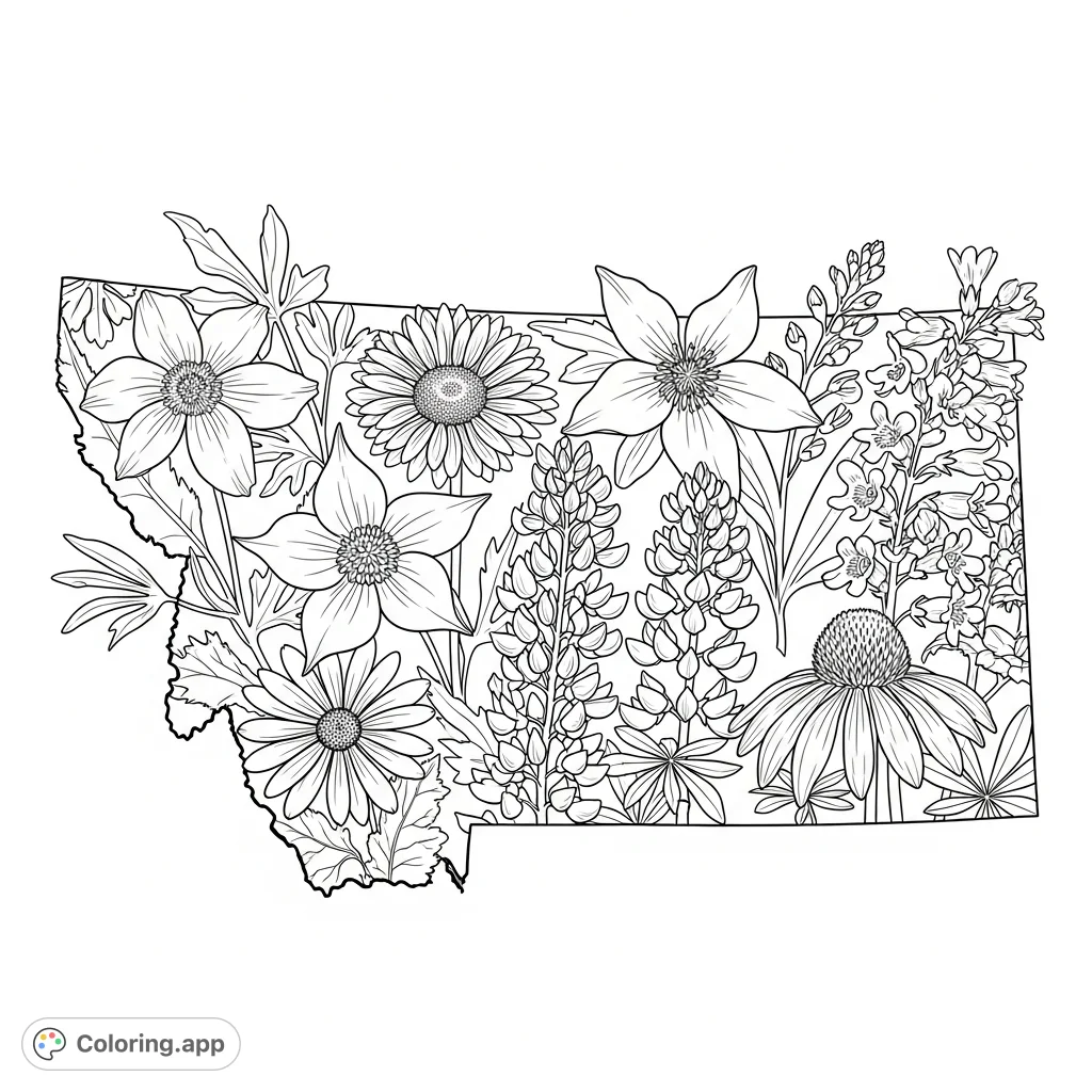 An intricate Montana state outline filled with detailed native wildflowers like Bitterroot and Lupine, perfect for a challenging botanical coloring experience.