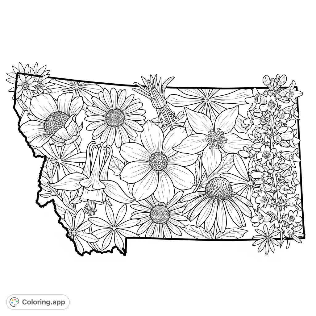 Explore a Montana coloring page featuring the state outline filled with intricate, overlapping native wildflowers like Bitterroot and Lupine. A detailed, free printable coloring page for nature lovers.