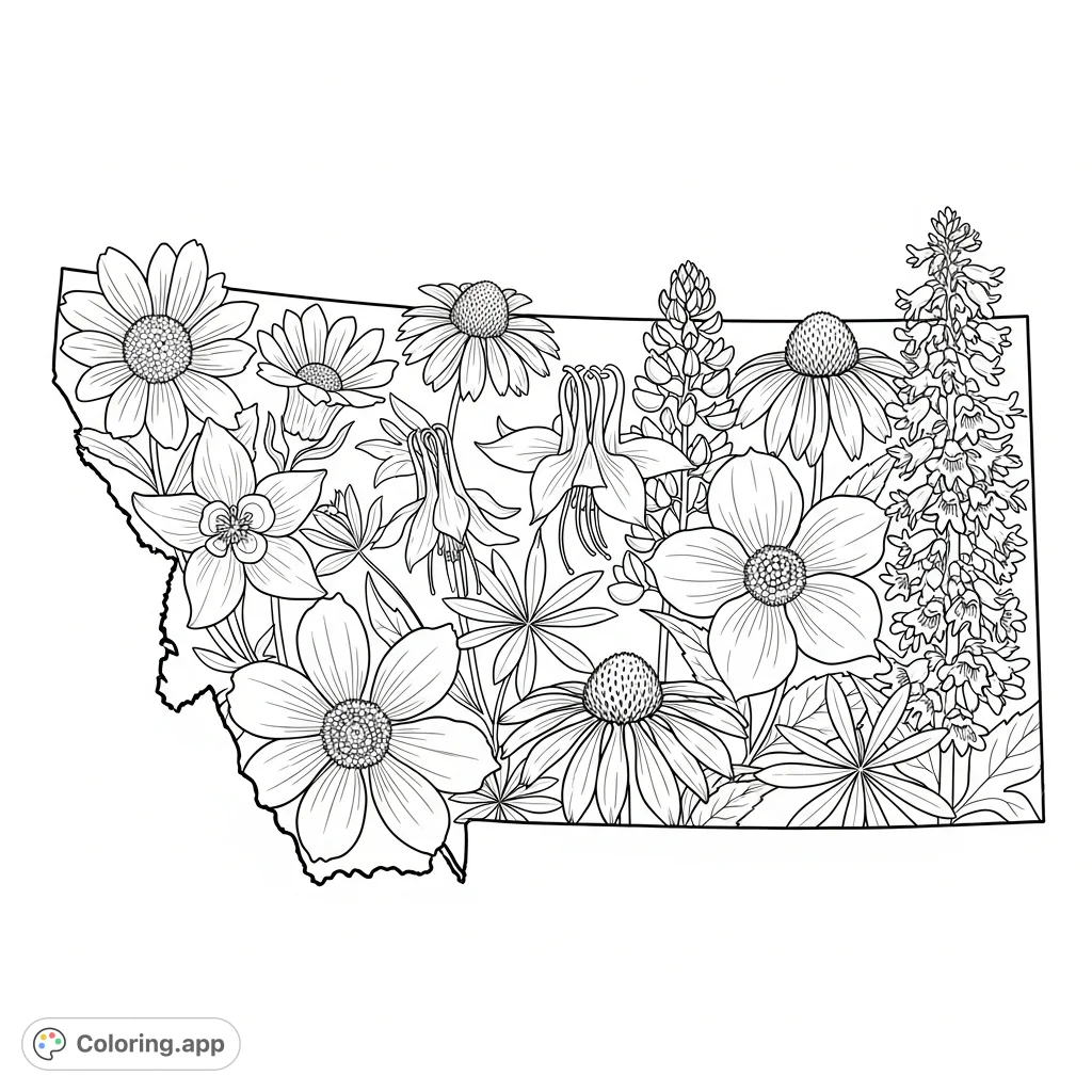 A striking Montana state outline filled with intricate native wildflowers like Bitterroot and Lupine, perfect for a detailed nature-themed coloring page.