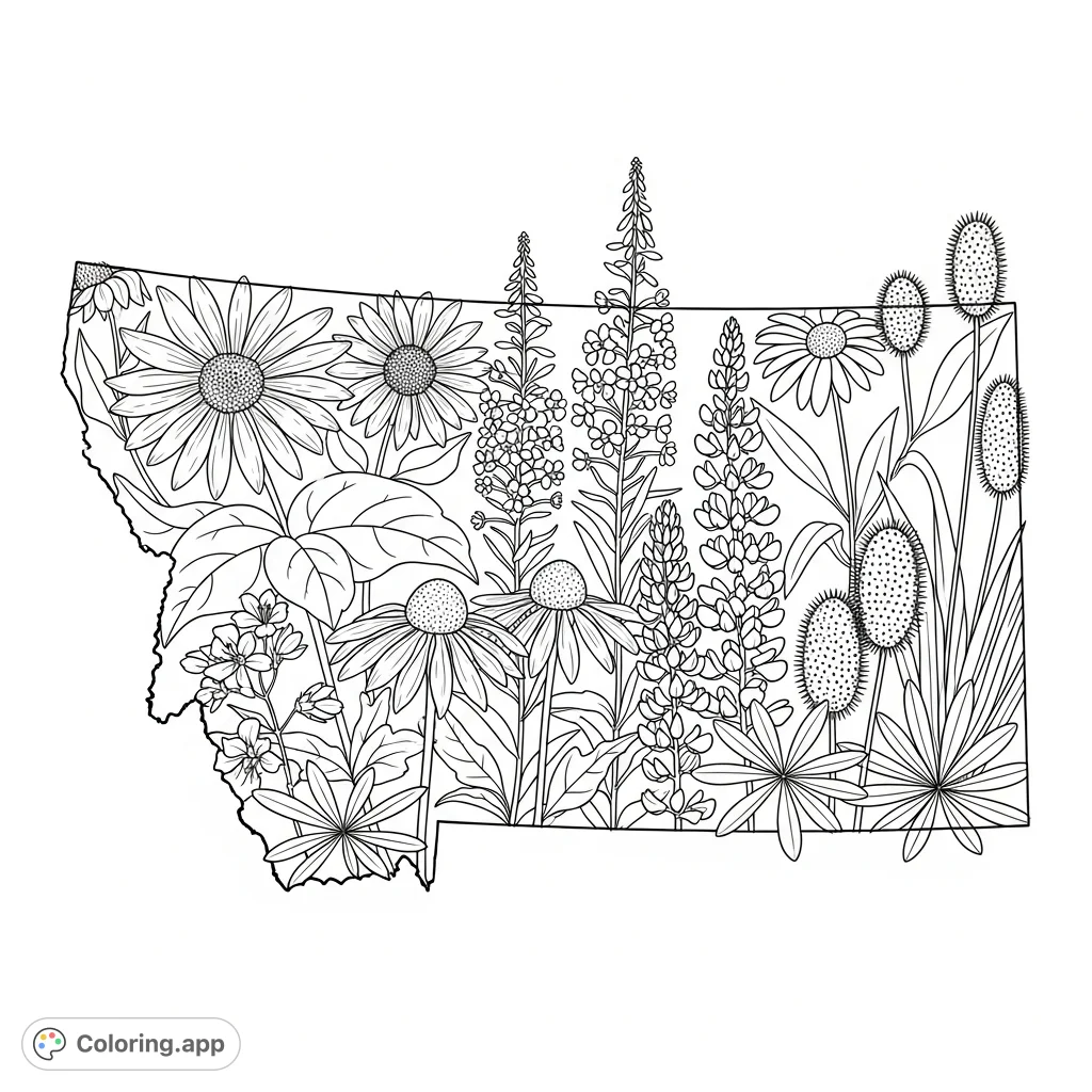 A detailed Montana state outline filled with native wildflowers like Bitterroot, Fireweed, and Lupine, offering a rich botanical coloring experience.