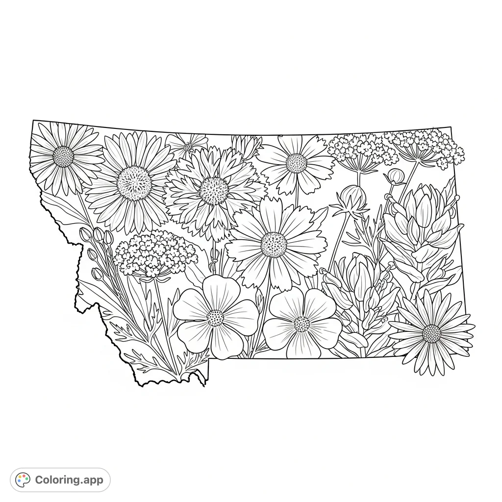 Explore a detailed Montana coloring page featuring the state's outline brimming with a vibrant tapestry of native wildflowers like Bitterroot and Indian Paintbrush.