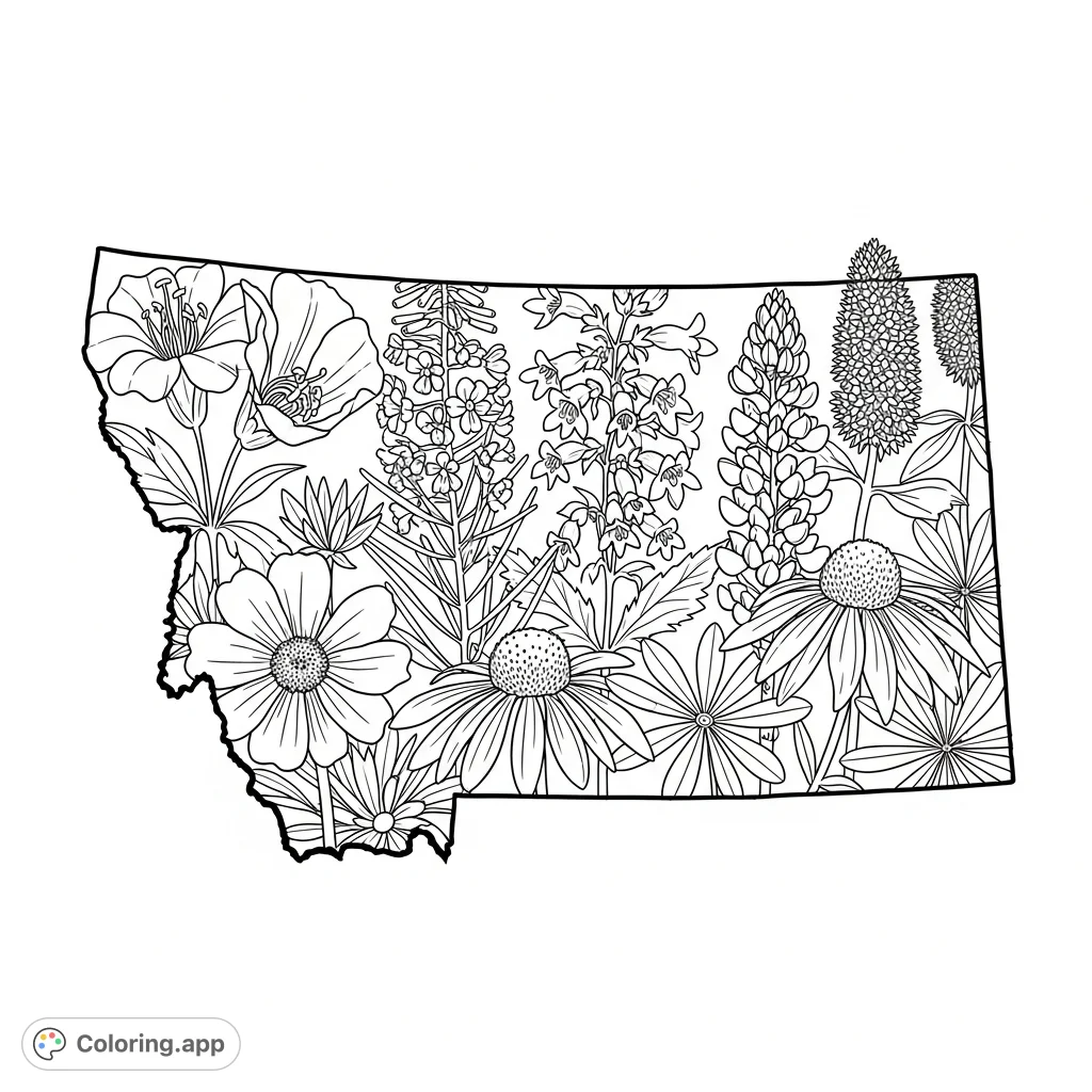 Explore Montana's natural beauty! A detailed coloring page featuring a bold outline of Montana filled with intricate, overlapping native wildflowers.