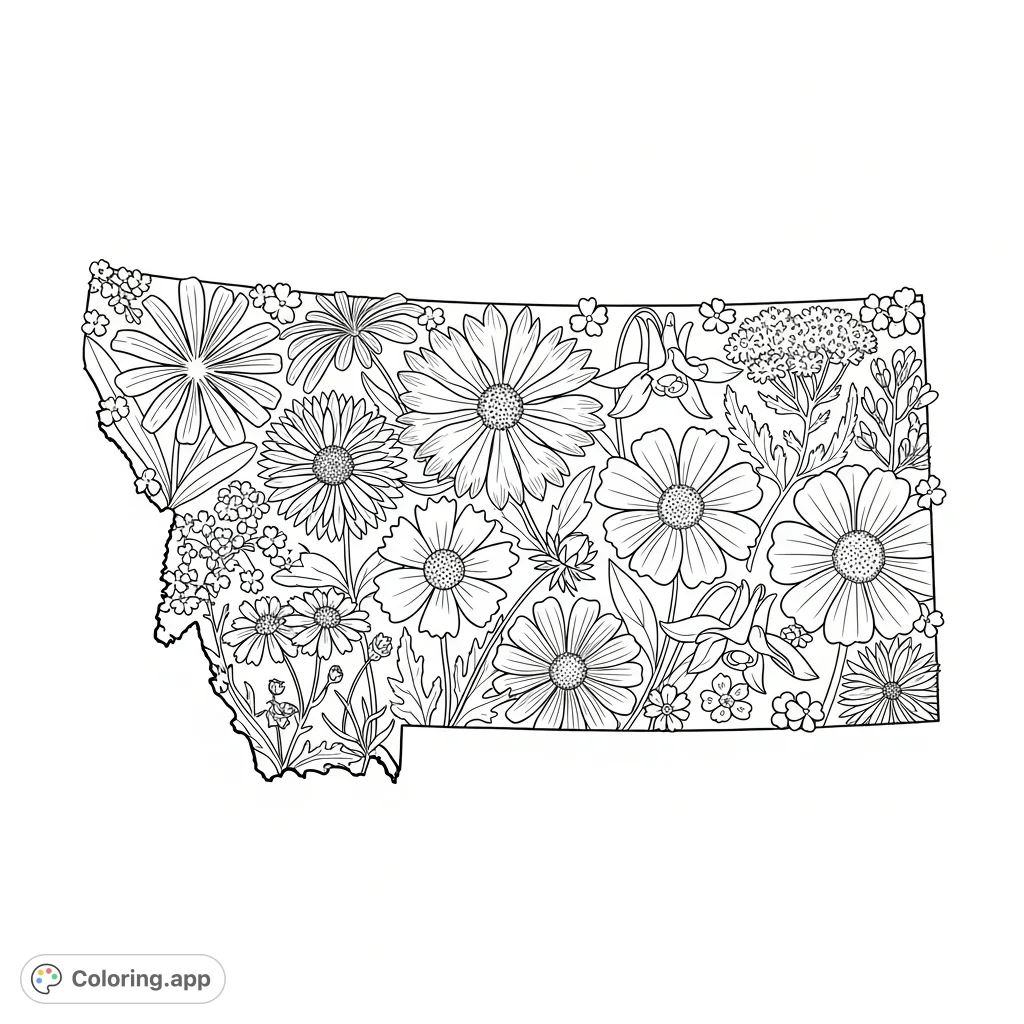 An intricate Montana outline overflowing with detailed native wildflowers like Lewisia, Gaillardia, and Columbine. A beautiful coloring page for nature lovers.