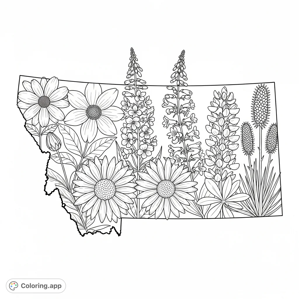 Explore the beauty of Montana with this free printable coloring page featuring the state outline filled with detailed native wildflowers like Bitterroot and Fireweed.