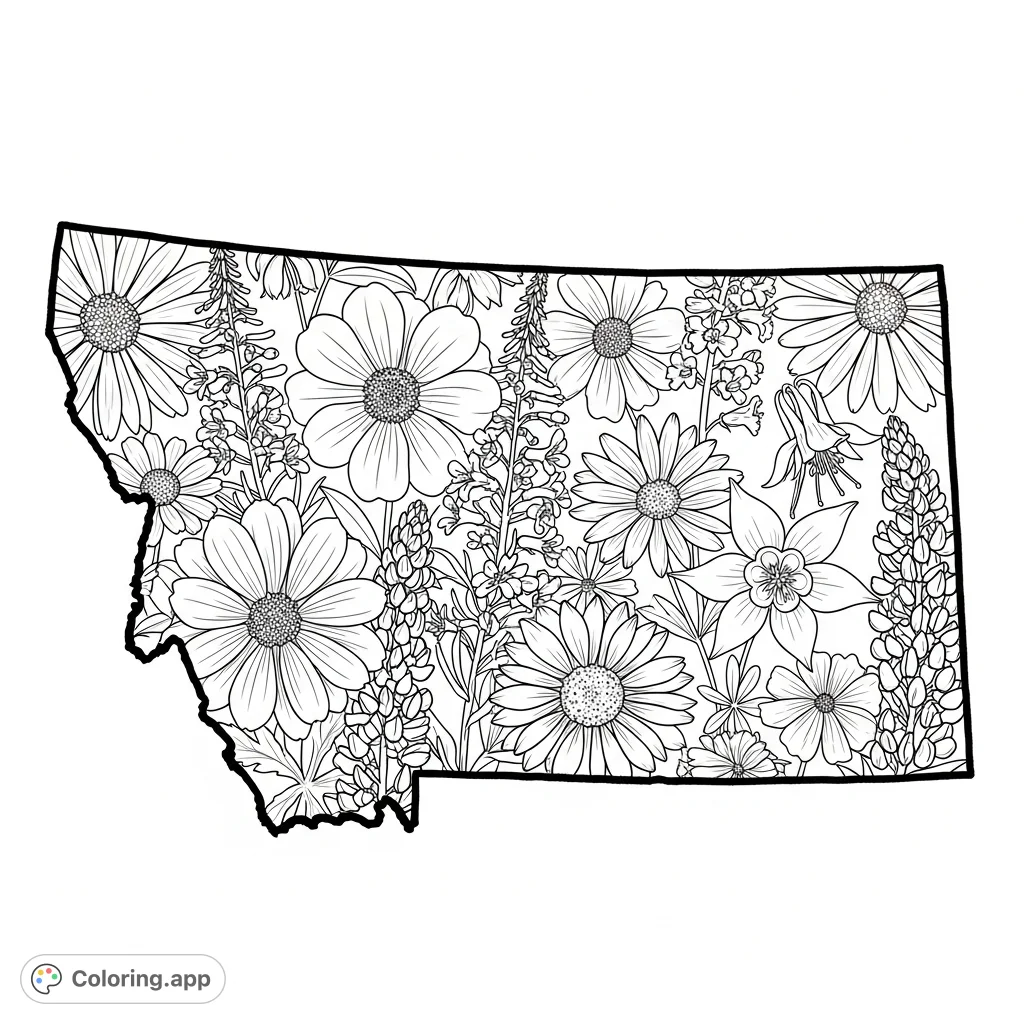 Explore the natural beauty of Montana with this intricate coloring page, featuring the state outline filled with detailed native wildflowers.