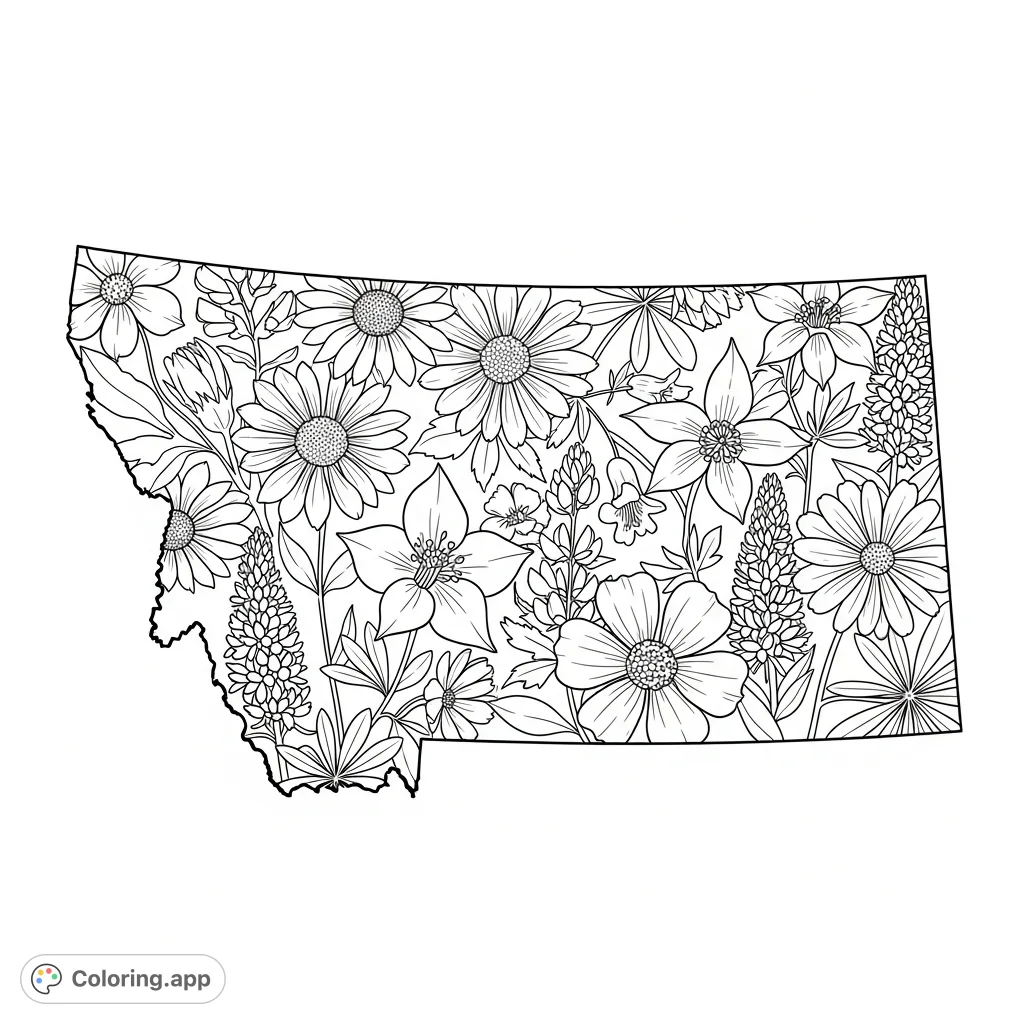 Explore a unique Montana coloring page featuring the state outline filled with an intricate, overlapping design of native wildflowers like Bitterroot and Lupine.