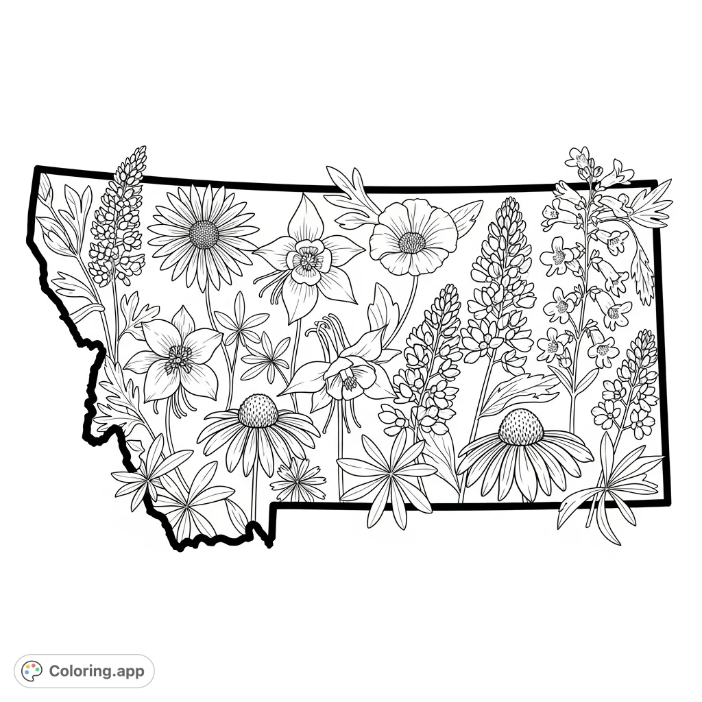An intricate Montana coloring page filled with detailed native wildflowers like Bitterroot and Lupine, perfect for nature enthusiasts and geography lovers.