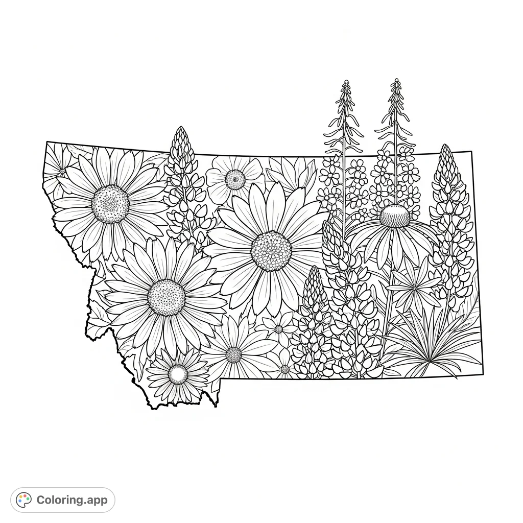 Explore a detailed Montana coloring page, featuring a bold state outline filled entirely with intricate, overlapping native wildflowers like Bitterroot and Fireweed.