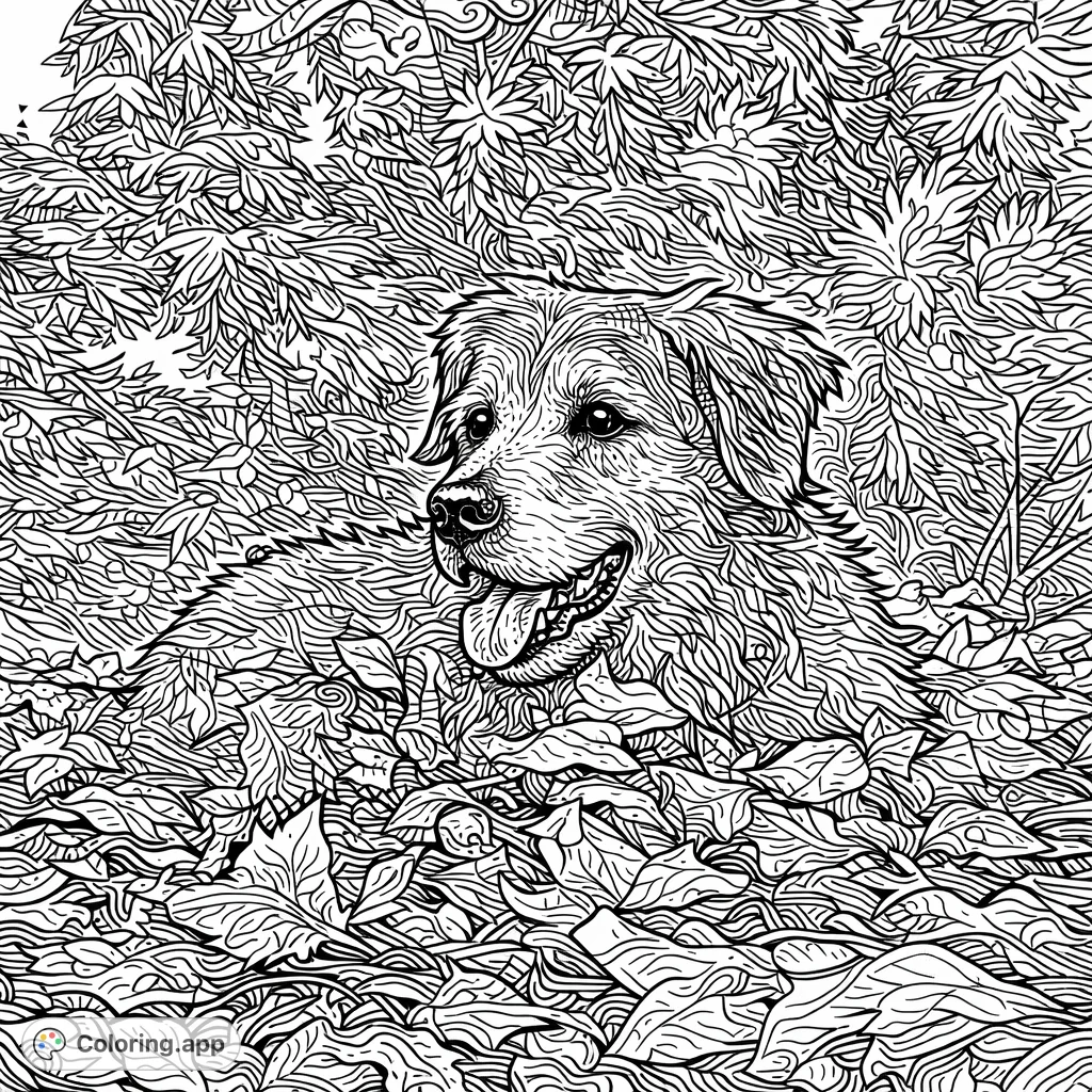 A charming shaggy dog relaxing in a generous pile of autumn leaves, perfect for a cozy coloring experience. Features intricate tatau-style lines and bold outlines.