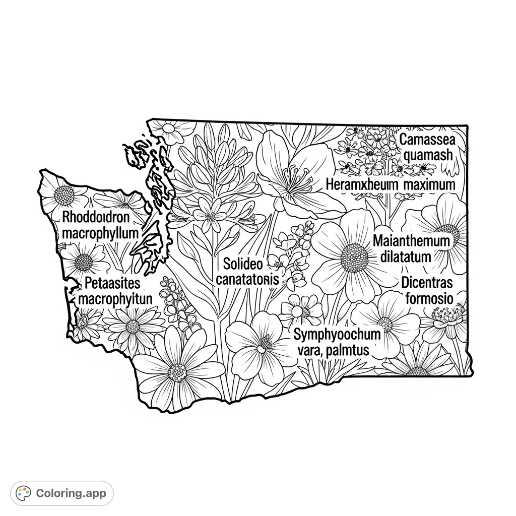 Explore the natural beauty of Washington with this intricate coloring page featuring a bold state outline filled with overlapping native wildflowers for a detailed experience.