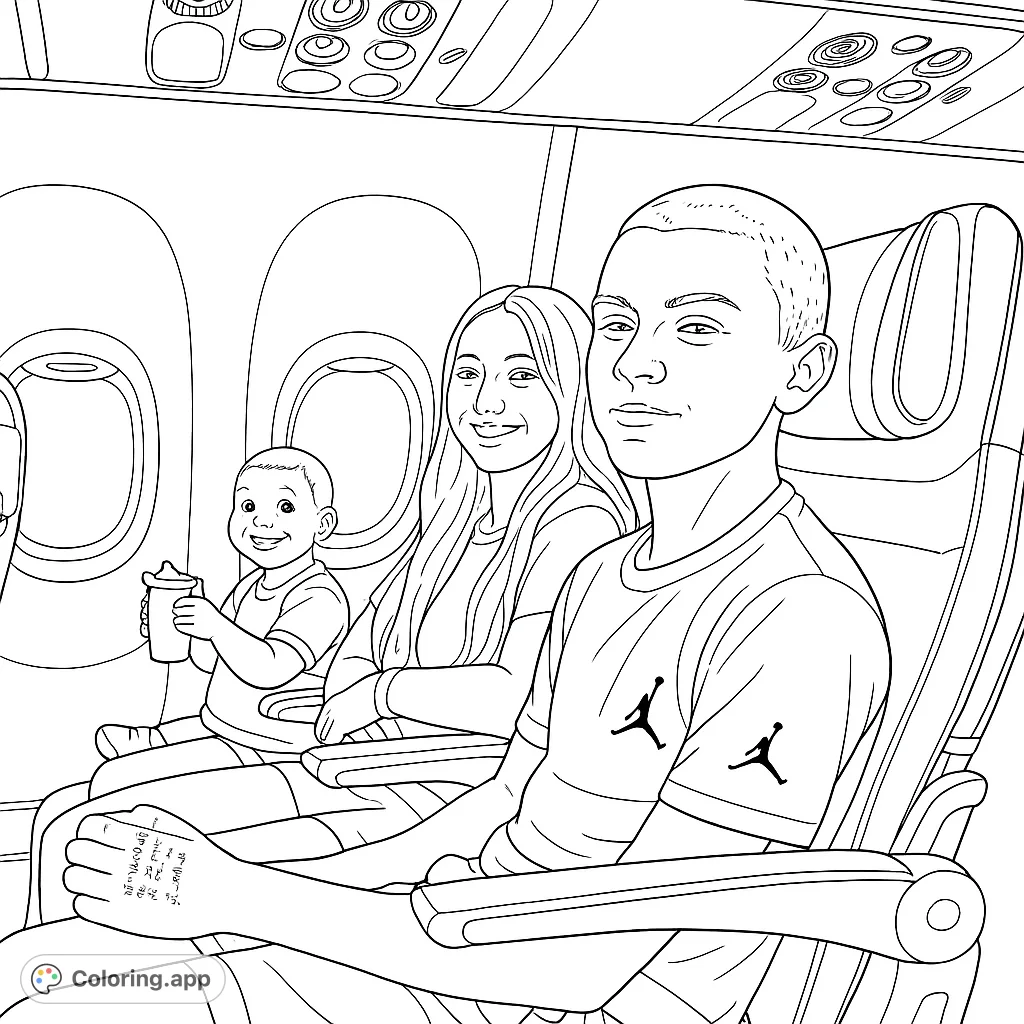 Capture the excitement of travel with this airplane cabin scene featuring three passengers. A fun, free printable travel coloring page for all ages.