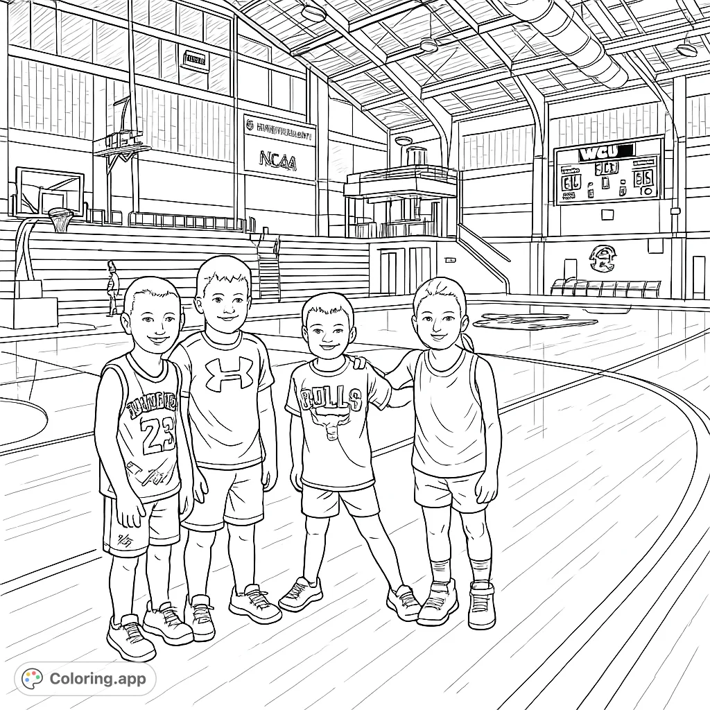Four smiling boys pose on a basketball court, ready for action. A fun sports-themed coloring page for young athletes and fans.