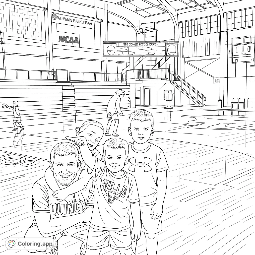 A fun basketball court scene featuring a group of friends, perfect for sports enthusiasts. Enjoy coloring the court details and happy faces!