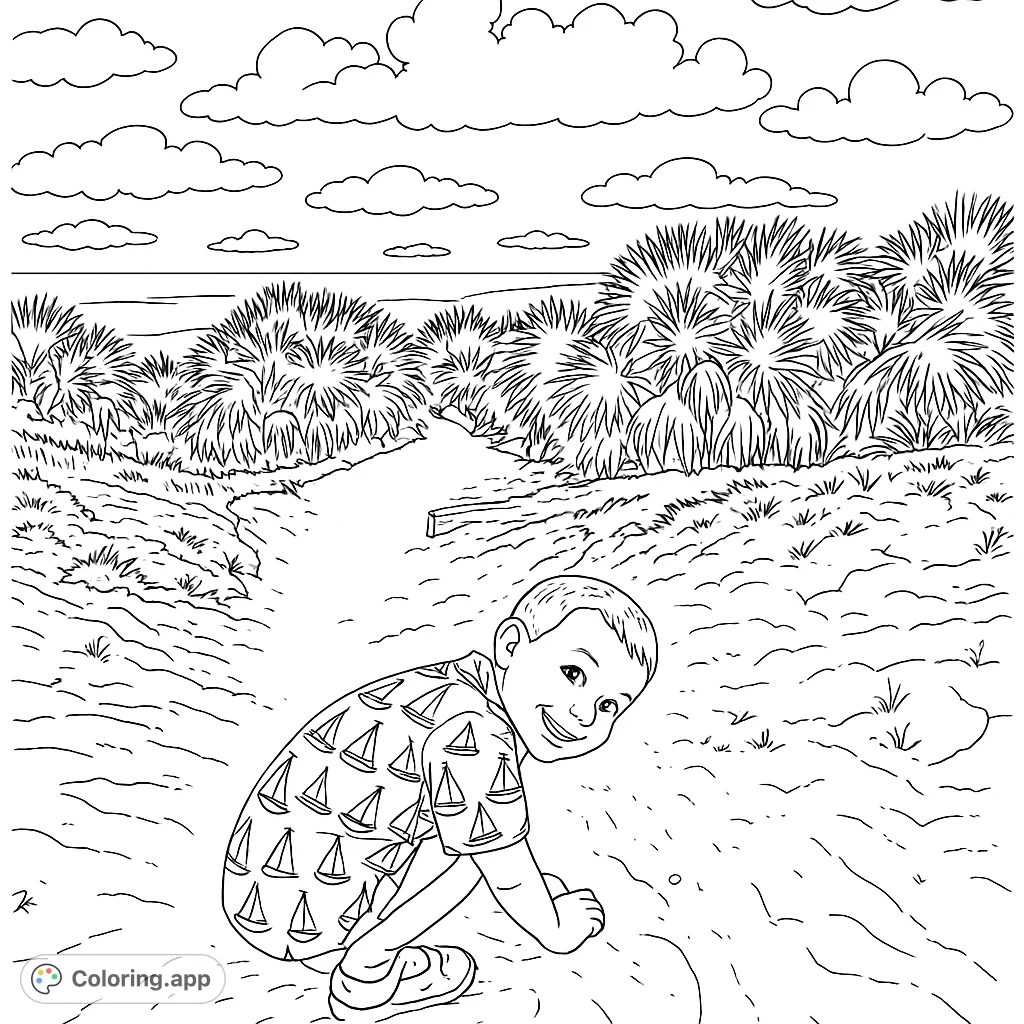 A smiling boy explores a sandy beach path lined with lush foliage, leading to the ocean under a cloudy sky. Perfect for a fun beach adventure coloring page.