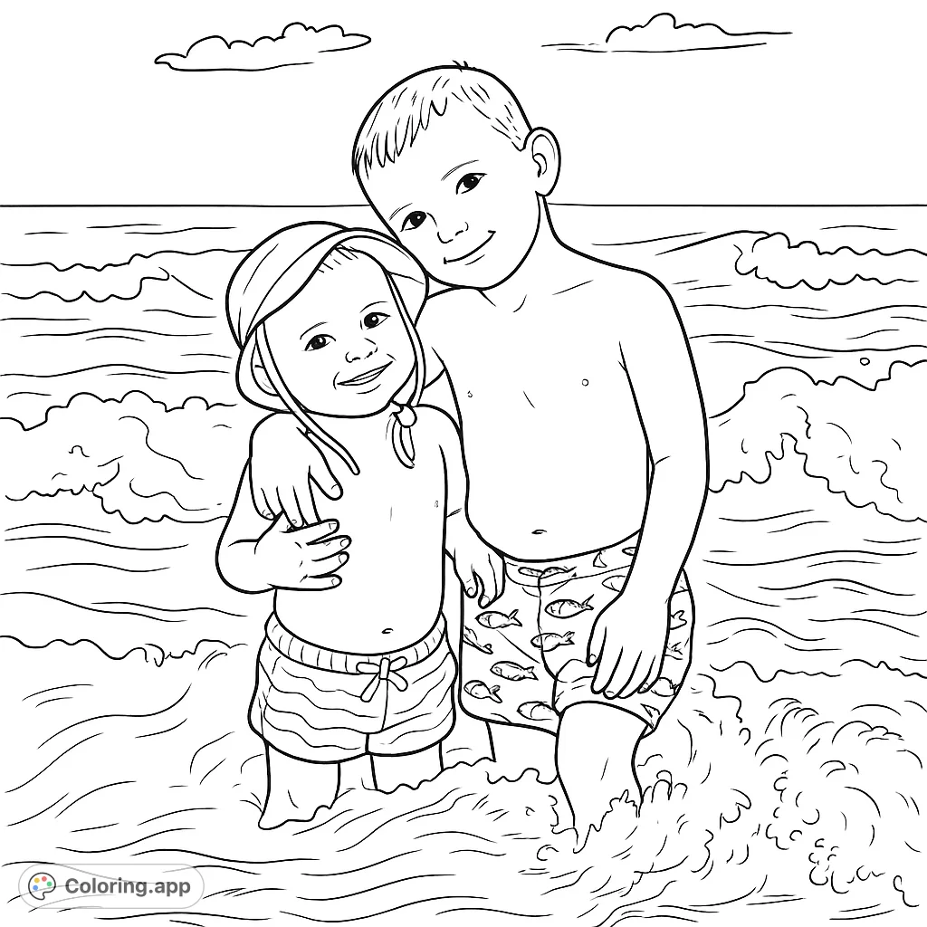 Two happy brothers enjoying a day at the ocean, standing in the waves. A delightful beach scene for a fun coloring experience.