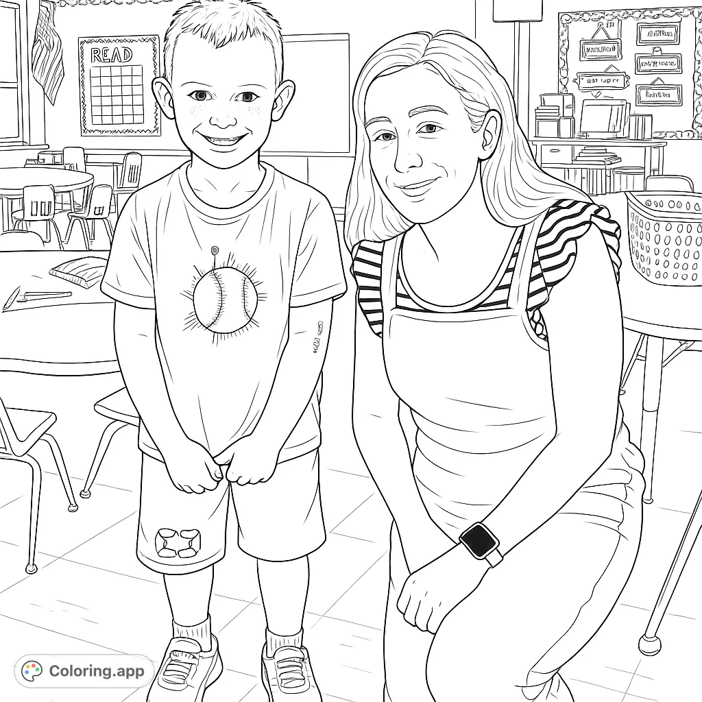 A heartwarming classroom scene featuring a smiling boy and a kneeling adult, perfect for a school-themed coloring page. Capture the joy of learning and friendship.