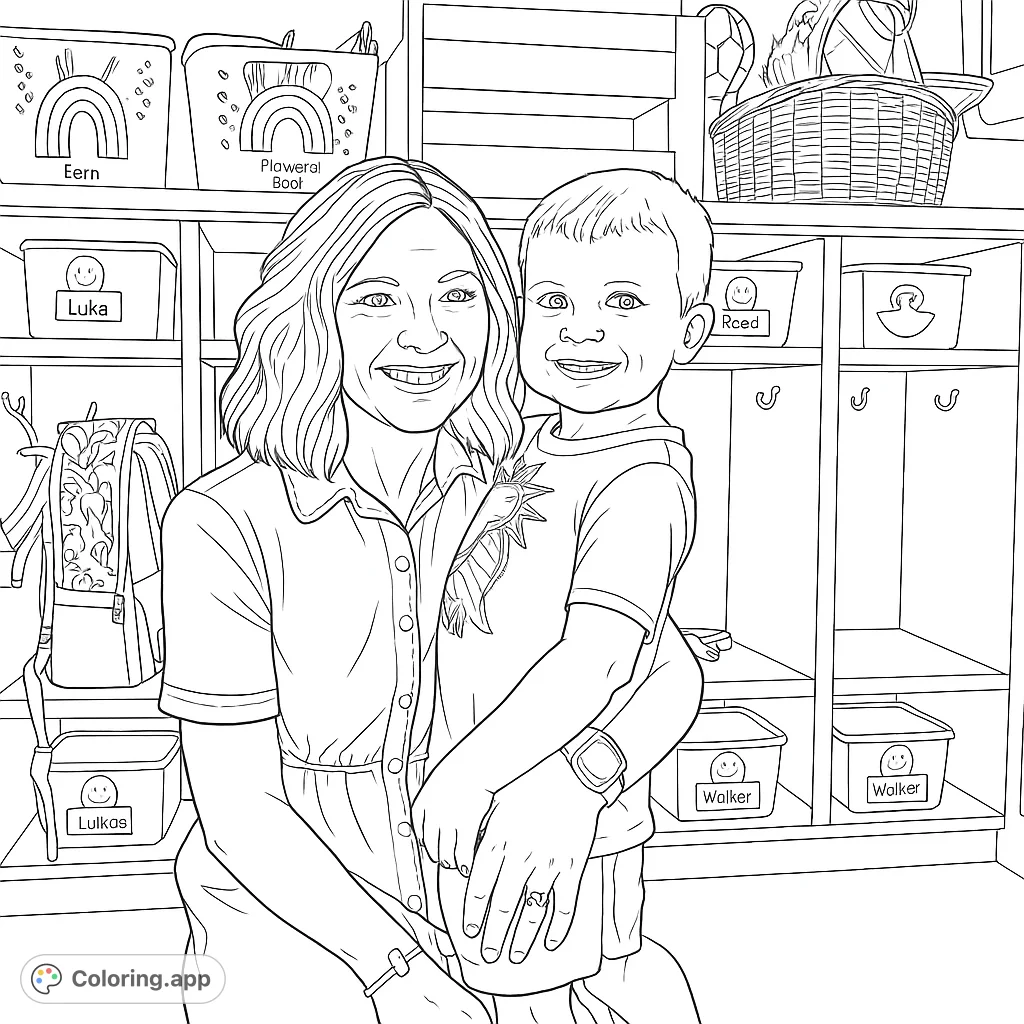 Capture a heartwarming classroom moment with a smiling teacher and student. A delightful free printable for all ages.