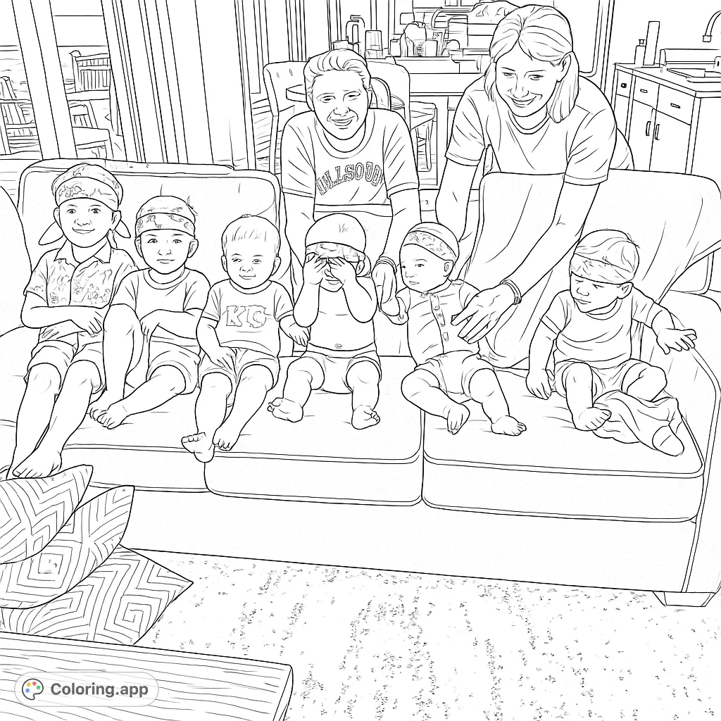 A heartwarming family scene featuring children and adults on a sofa, perfect for a playful coloring adventure. Capture joyful moments and intricate details.