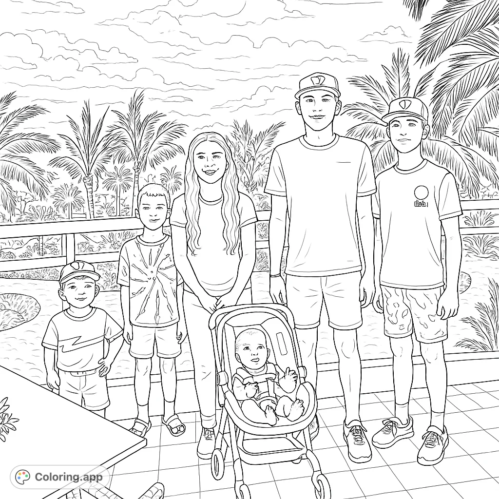 A cheerful group portrait of a family on vacation, featuring palm trees and a baby in a stroller. Perfect for a relaxing coloring activity.