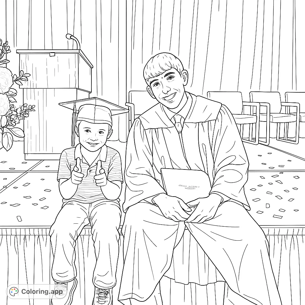 Celebrate academic achievement with this heartwarming graduation coloring page featuring a proud graduate and a joyful younger sibling on stage.