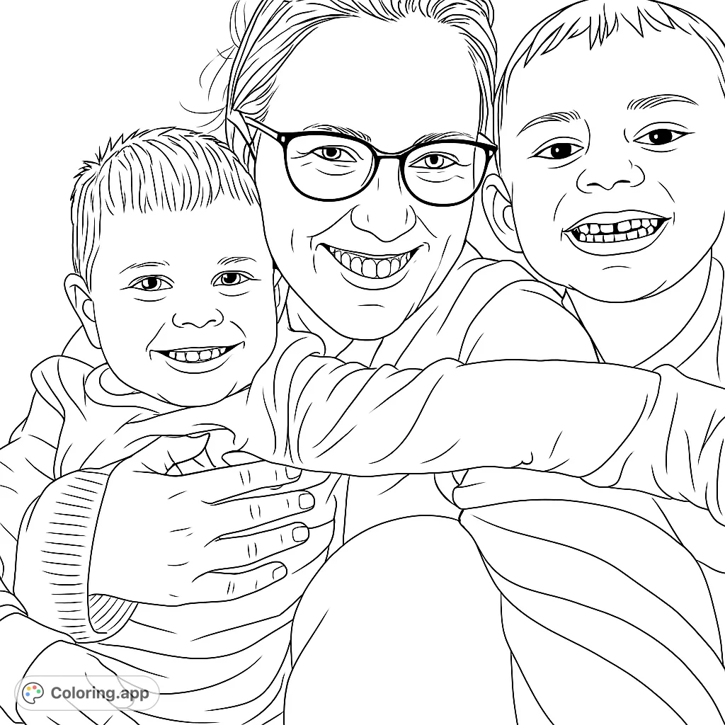 Capture the warmth of a family hug with this heartwarming coloring page featuring a smiling mother and her two joyful children. Perfect for expressing love.