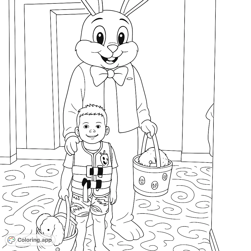 A delightful coloring page featuring a cheerful rabbit mascot and a smiling child holding baskets, perfect for a fun, festive activity.