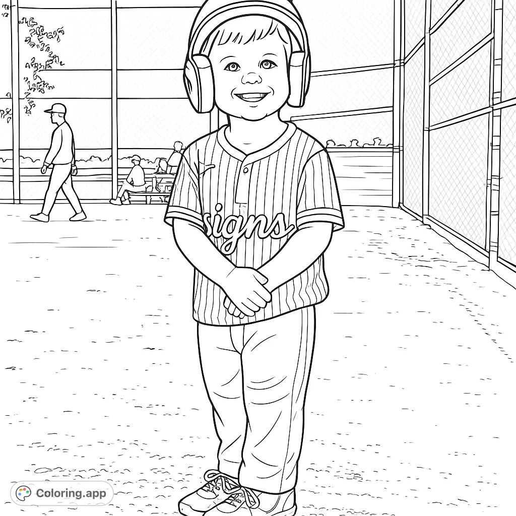 An adorable child in a baseball uniform on a field, ready for fun. Perfect for sports fans and aspiring athletes to color.