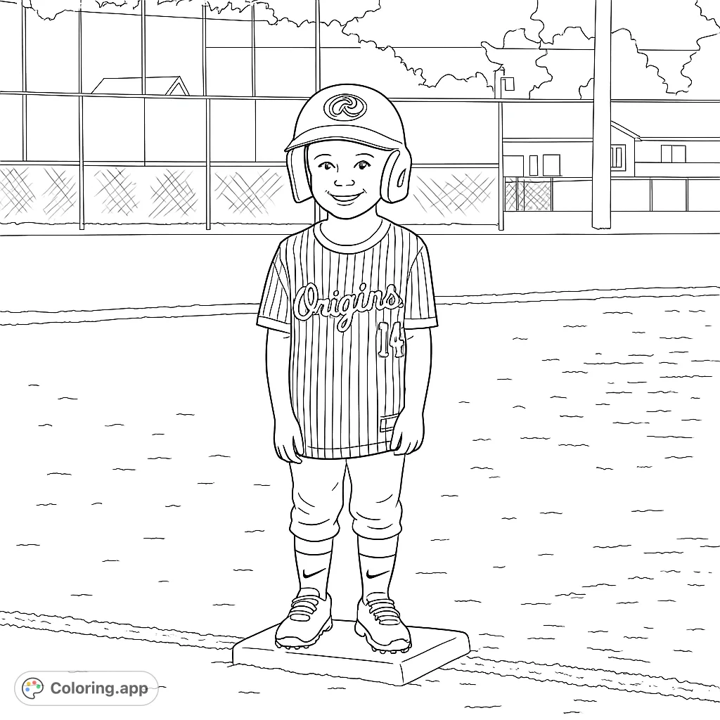 A cheerful young baseball player stands proudly on a base, ready for action. Perfect for sports fans and aspiring athletes!