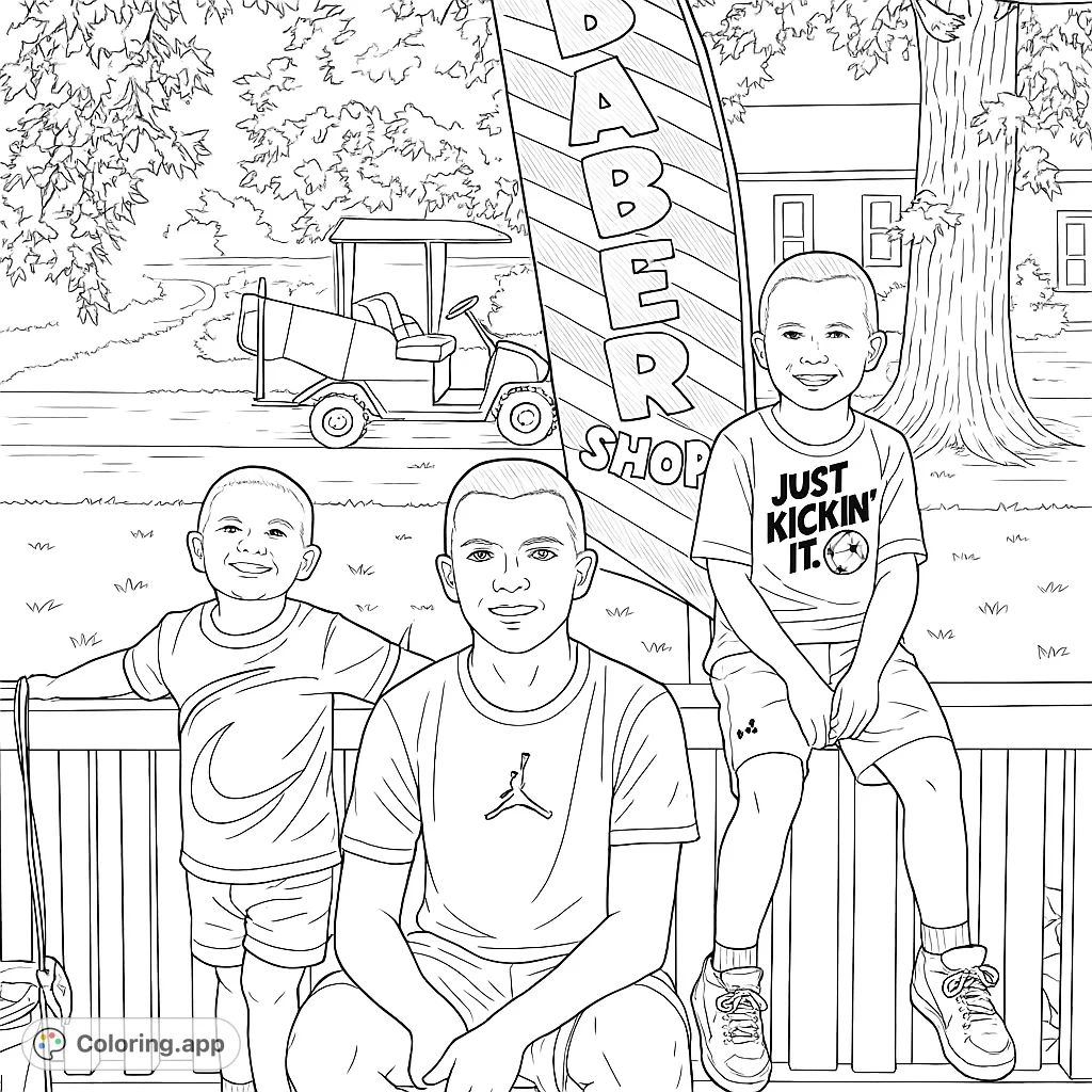 Capture a heartwarming scene of three smiling boys on a porch, with a barber shop flag and neighborhood backdrop. Perfect for family fun.