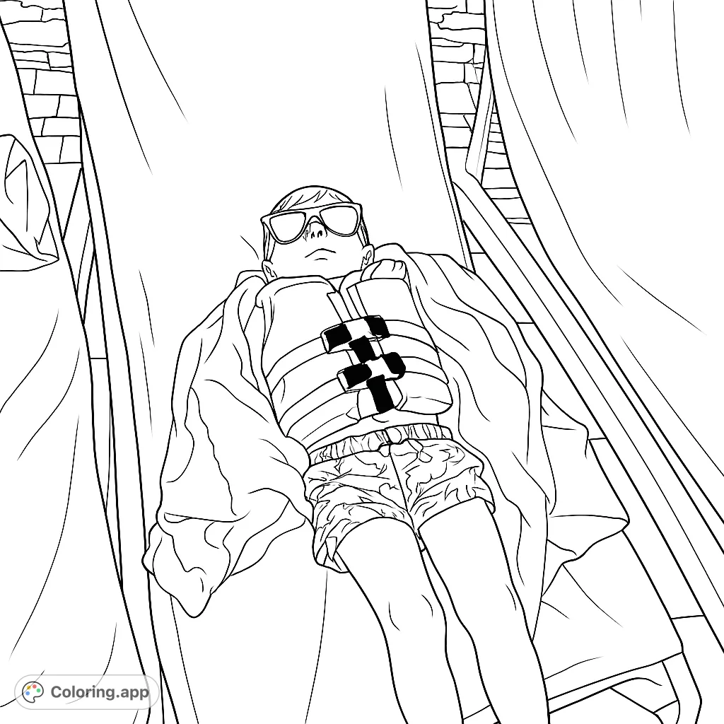 A child in a life vest and sunglasses relaxes on a lounge chair, perfect for a summer fun coloring page. Free printable for kids!