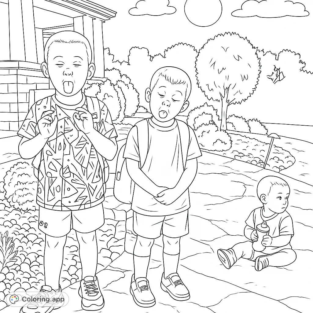 Capture a moment of playful outdoor fun with three boys, two making silly faces. A charming scene for kids to color and enjoy.